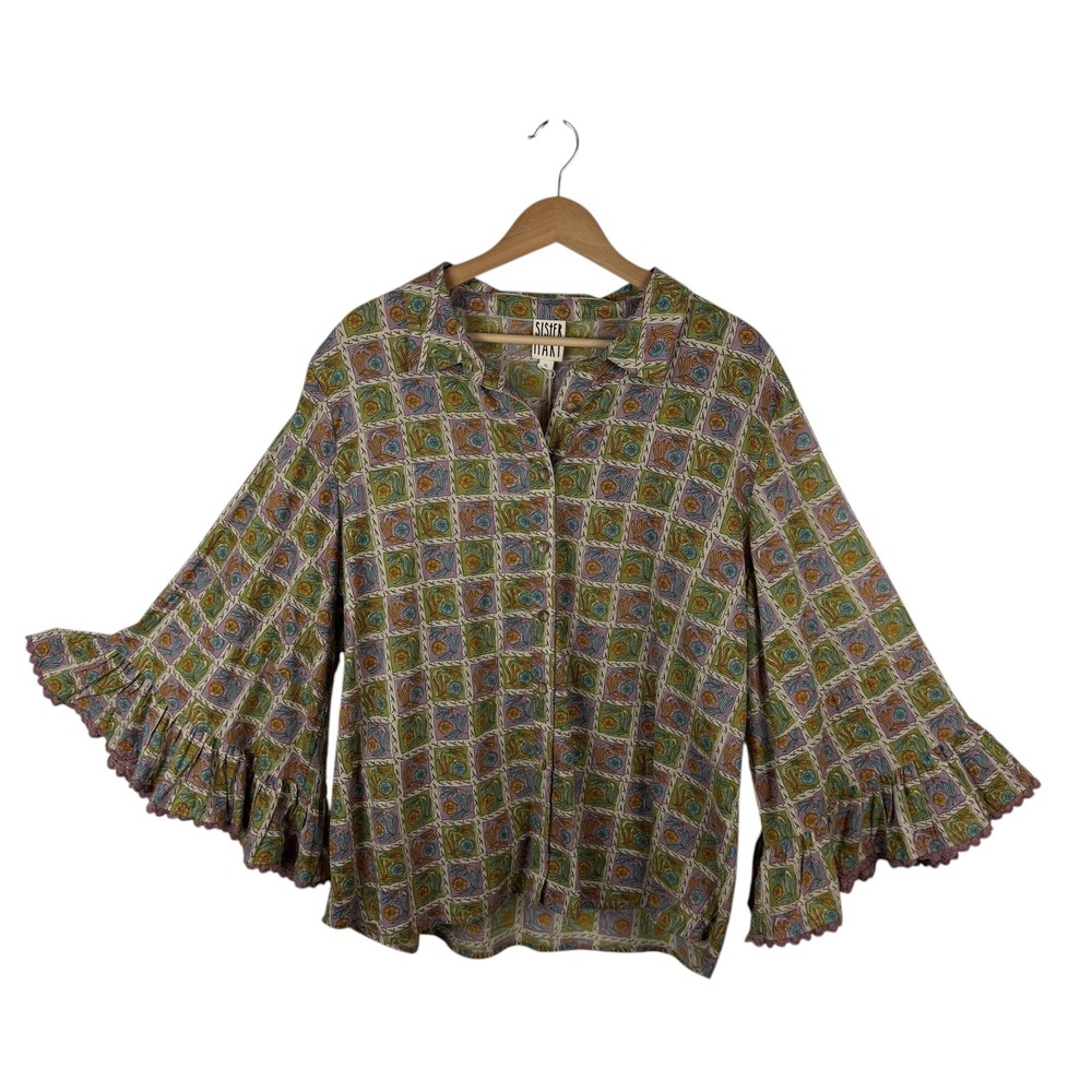 NWT Sister Mary Luz Block Print Bell Sleeve Ruffle Button Up Top XL Multi Boho